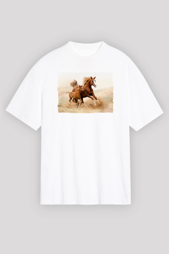 At ve Yavrusu Baskılı Unisex Beyaz Tişört