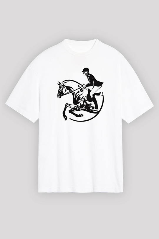At Yarışı Baskılı Unisex Beyaz Oversize Tişört - Tshirt