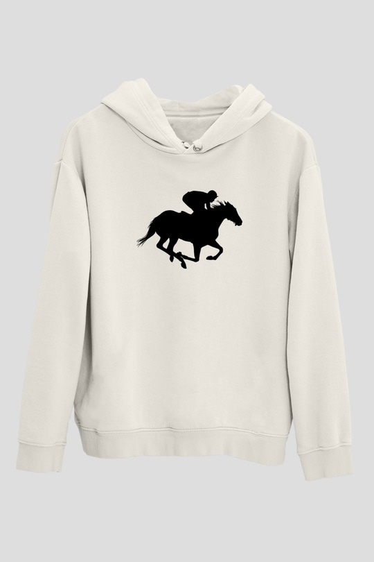 At Yarışı Baskılı Unisex Ekru Hoodie