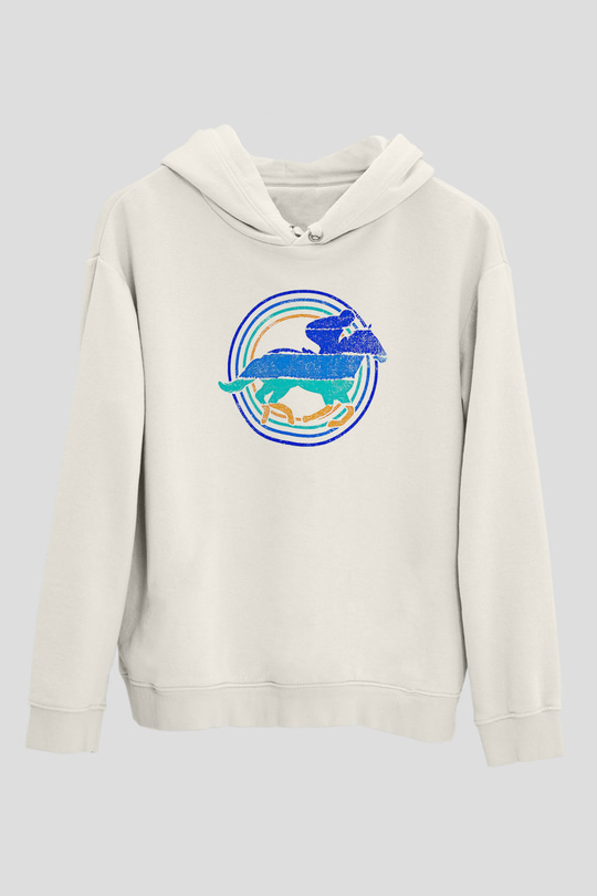 At Yarışı Baskılı Unisex Ekru Hoodie