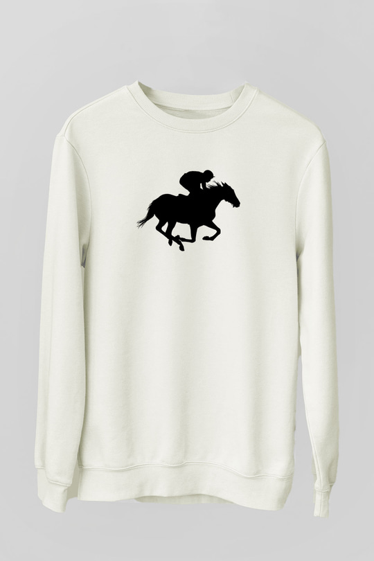 At Yarışı Baskılı Unisex Ekru Sweatshirt
