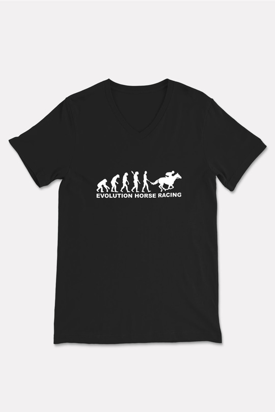 At Yarışı - Horse Race Baskılı Unisex Siyah V Yaka Tişört