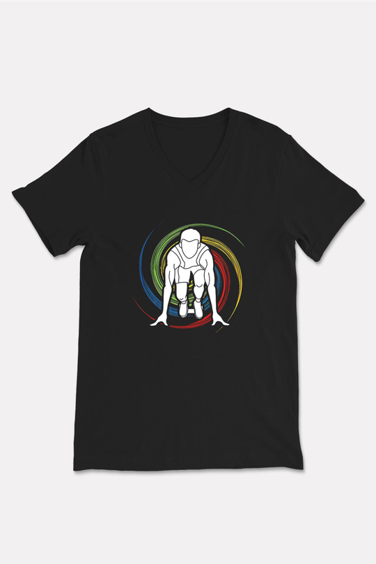 Atletizm - Athletics Baskılı Unisex Siyah V Yaka Tişört