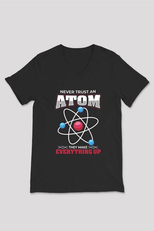 Atom Baskılı Unisex V Yaka Siyah Tİşört - Tshirt