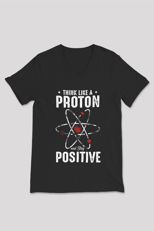Atom Proton Baskılı Unisex V Yaka Siyah Tİşört - Tshirt