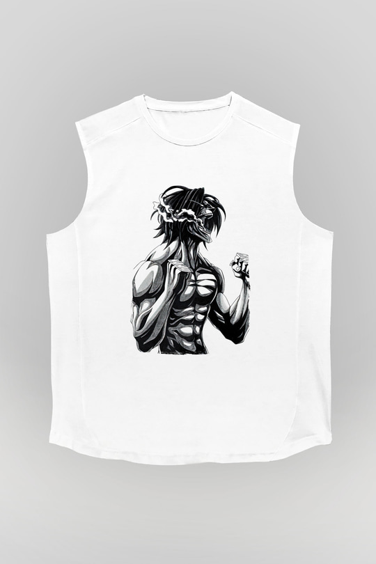 Attack On Titan Baskılı Beyaz Unisex Kolsuz Tişört - Tshirt