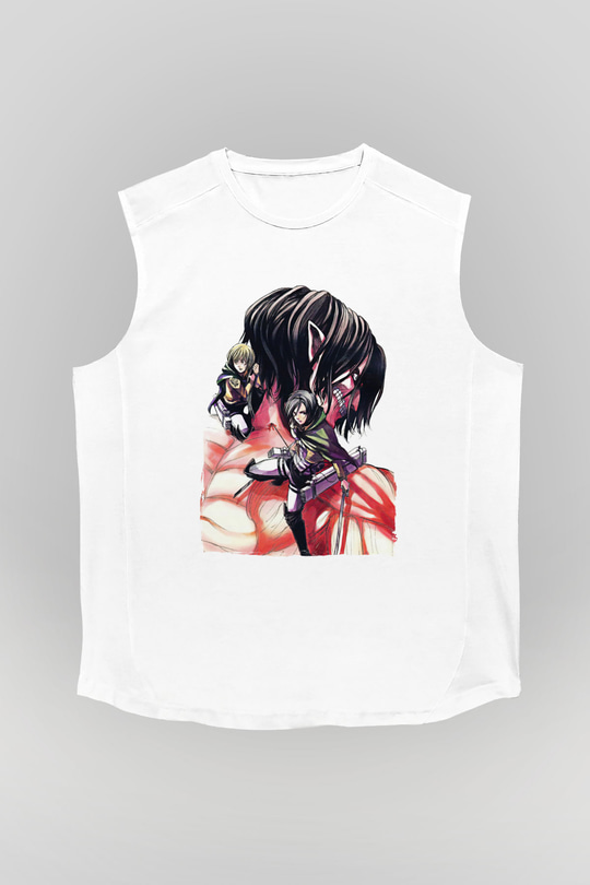 Attack On Titan Baskılı Beyaz Unisex Kolsuz Tişört - Tshirt