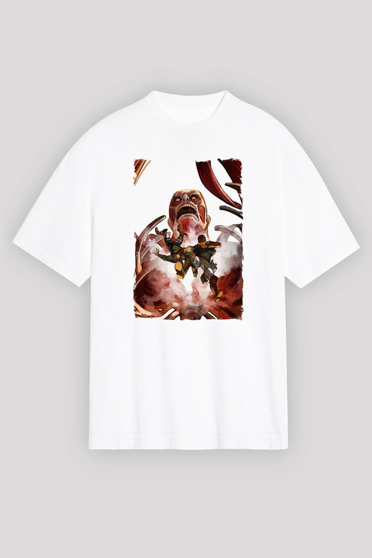 Attack On Titan Baskılı Beyaz Unisex Oversize Tişört - Tshirt