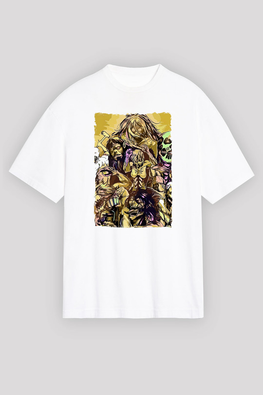 Attack On Titan Baskılı Beyaz Unisex Oversize Tişört - Tshirt