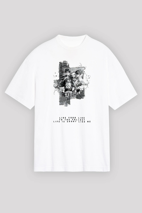 Attack On Titan Baskılı Beyaz Unisex Oversize Tişört - Tshirt