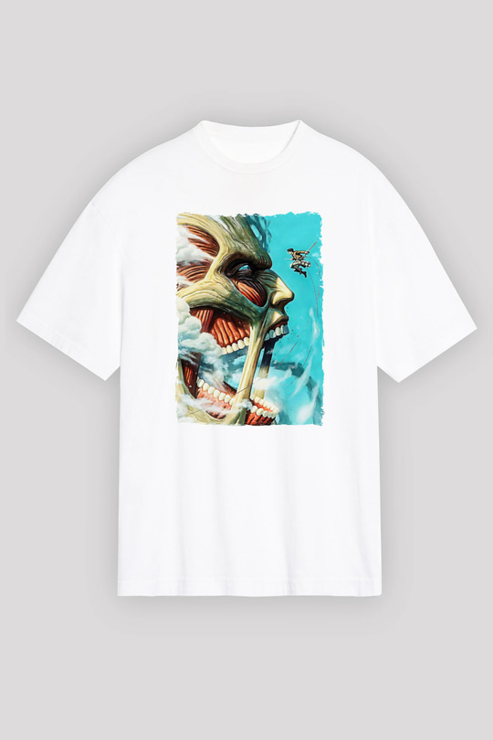 Attack On Titan Baskılı Beyaz Unisex Oversize Tişört - Tshirt