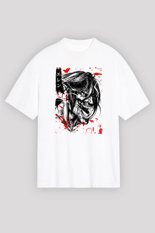 Attack On Titan Baskılı Beyaz Unisex Oversize Tişört - Tshirt