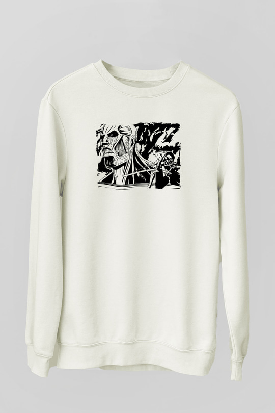 Attack On Titan Baskılı Beyaz Unisex Sweatshirt
