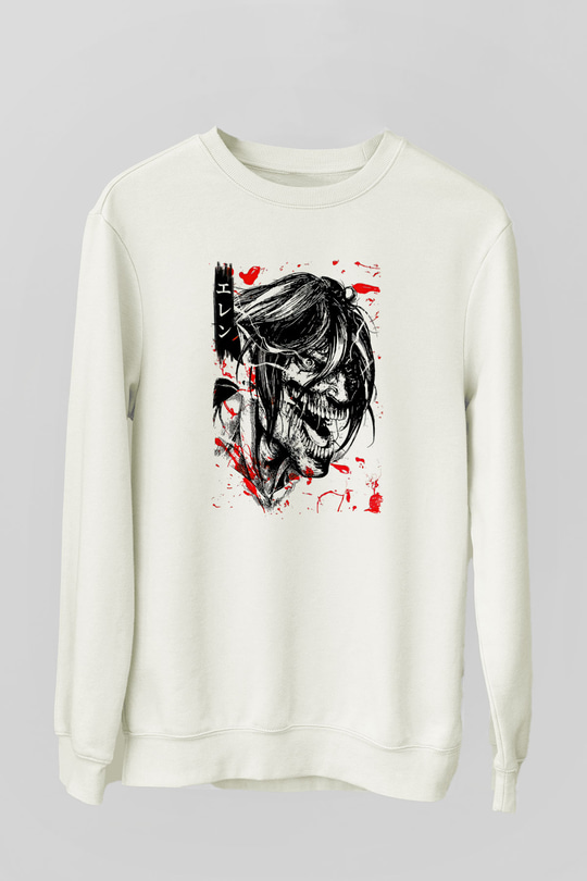 Attack On Titan Baskılı Beyaz Unisex Sweatshirt