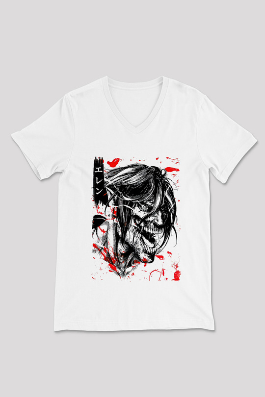 Attack On Titan Baskılı Beyaz Unisex V Yaka Tişört - Tshirt