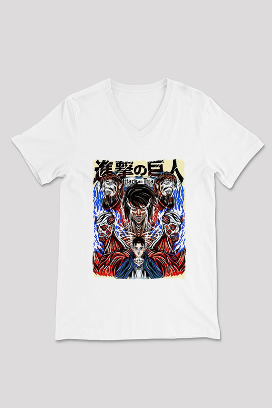 Attack On Titan Baskılı Beyaz Unisex V Yaka Tişört - Tshirt