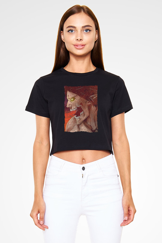 Attack On Titan Baskılı Siyah Crop Top Kadın Tişört - Tshirt