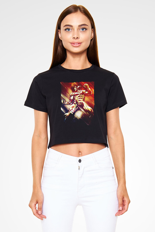 Attack On Titan Baskılı Siyah Crop Top Kadın Tişört - Tshirt