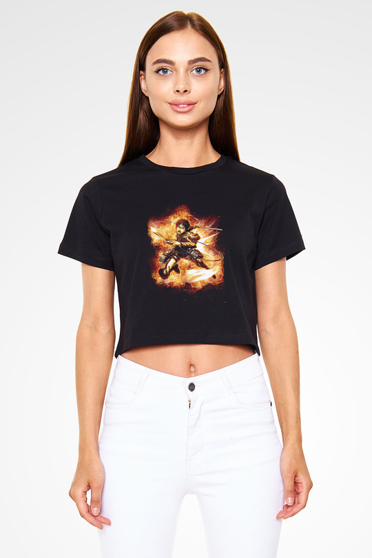 Attack On Titan Baskılı Siyah Crop Top Kadın Tişört - Tshirt