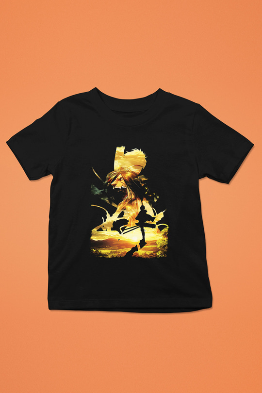 Attack On Titan Baskılı Unisex Siyah Çocuk Tişört - Tshirt