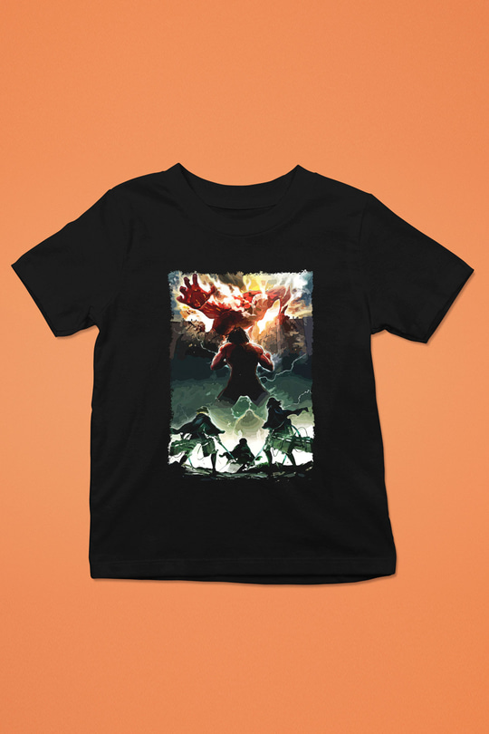 Attack On Titan Baskılı Unisex Siyah Çocuk Tişört - Tshirt