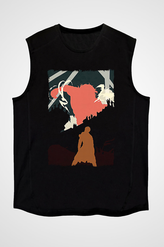 Attack On Titan Baskılı Unisex Siyah Kolsuz Tişört - Tshirt