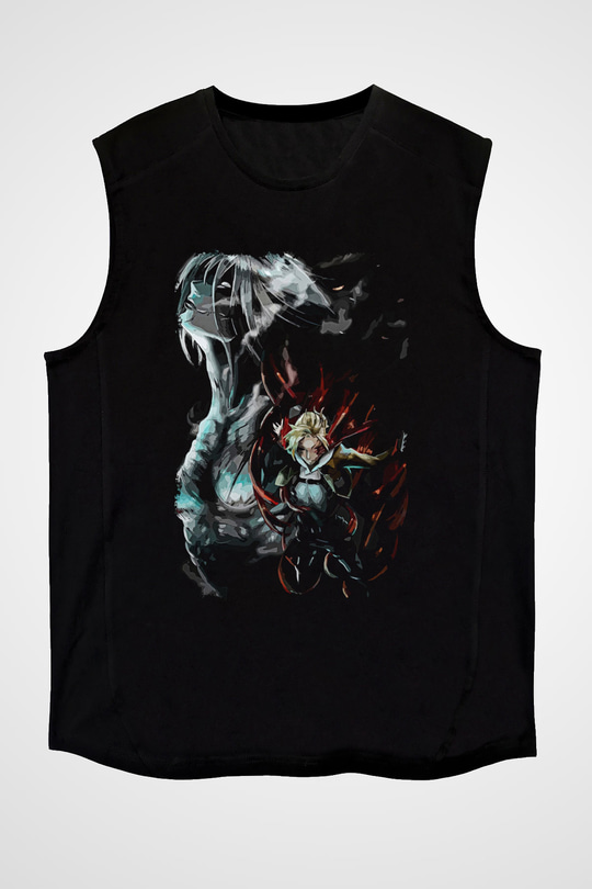Attack On Titan Baskılı Unisex Siyah Kolsuz Tişört - Tshirt