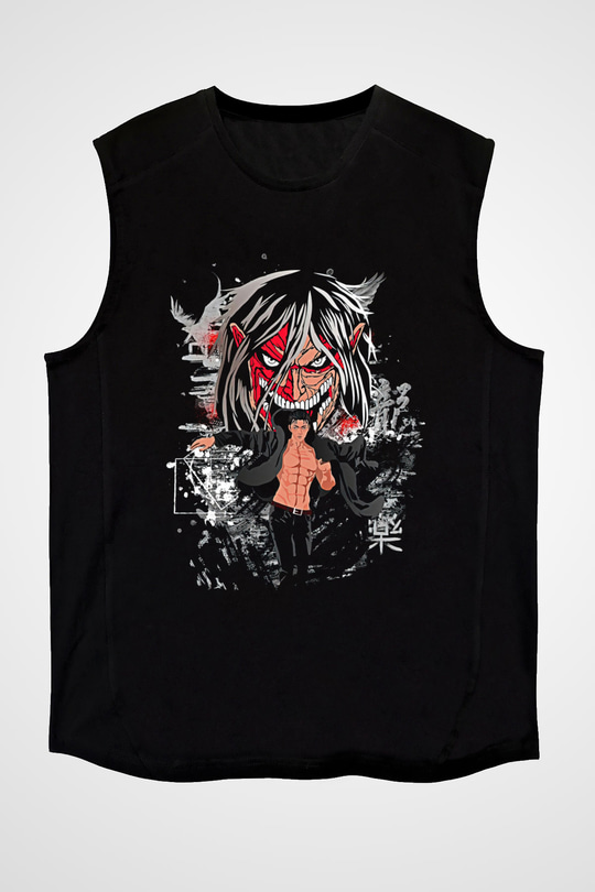 Attack On Titan Baskılı Unisex Siyah Kolsuz Tişört - Tshirt
