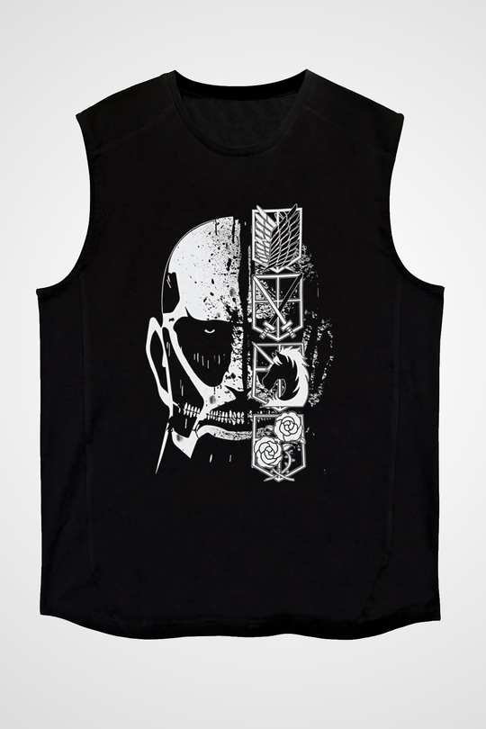 Attack On Titan Baskılı Unisex Siyah Kolsuz Tişört - Tshirt