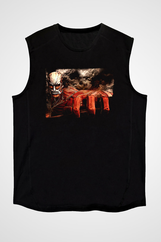 Attack On Titan Baskılı Unisex Siyah Kolsuz Tişört - Tshirt