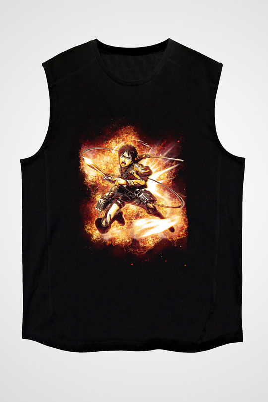 Attack On Titan Baskılı Unisex Siyah Kolsuz Tişört - Tshirt
