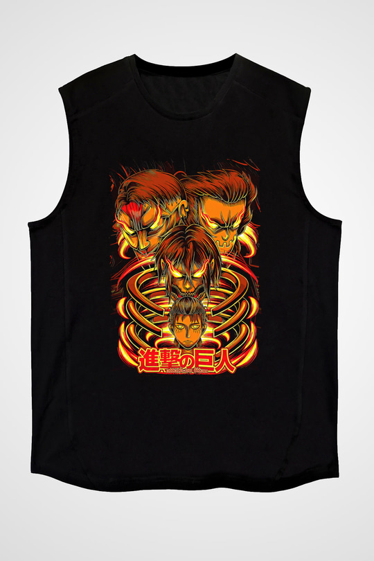 Attack On Titan Baskılı Unisex Siyah Kolsuz Tişört - Tshirt