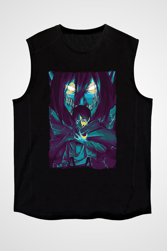 Attack On Titan Baskılı Unisex Siyah Kolsuz Tişört - Tshirt