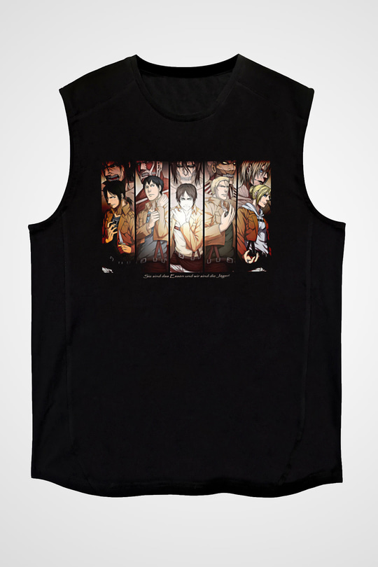 Attack On Titan Baskılı Unisex Siyah Kolsuz Tişört - Tshirt