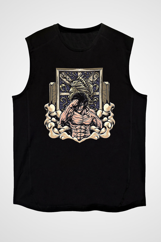 Attack On Titan Baskılı Unisex Siyah Kolsuz Tişört - Tshirt