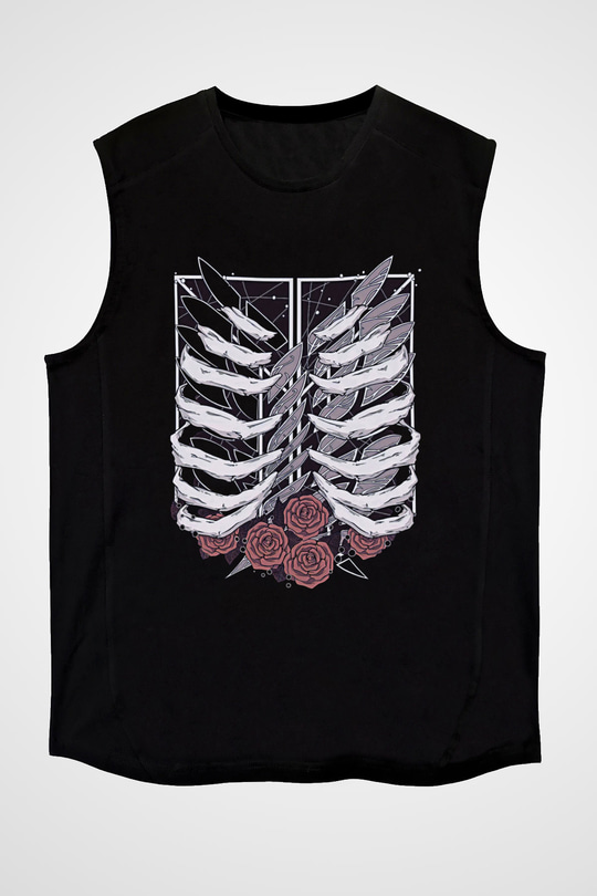 Attack On Titan Baskılı Unisex Siyah Kolsuz Tişört - Tshirt