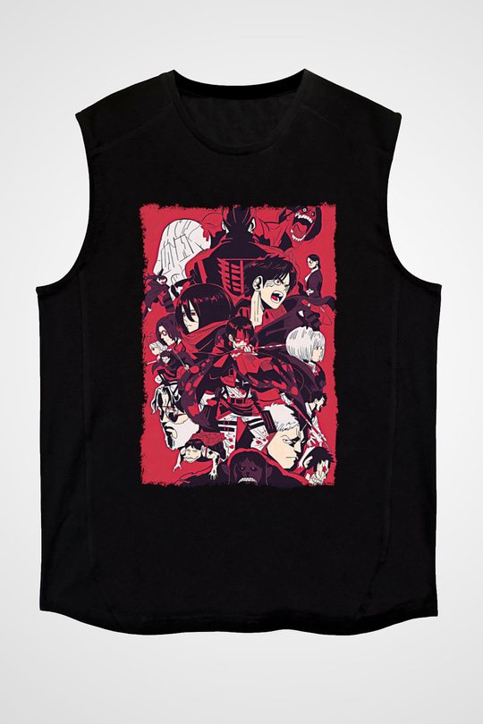 Attack On Titan Baskılı Unisex Siyah Kolsuz Tişört - Tshirt
