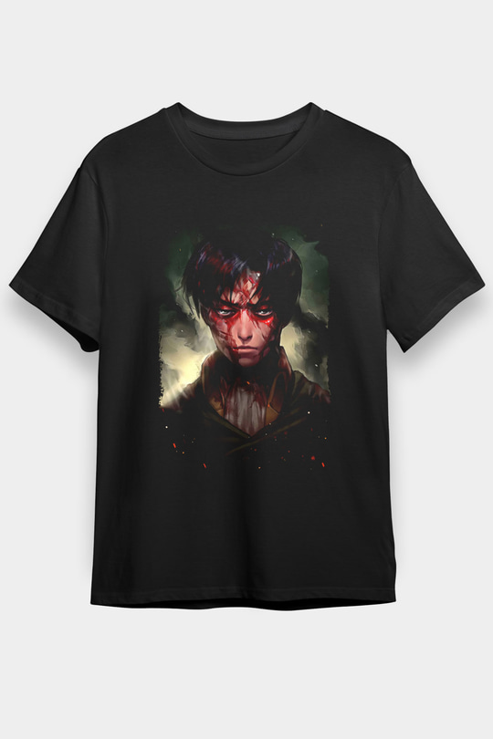 Attack On Titan Baskılı Unisex Siyah Tişört - Tshirt