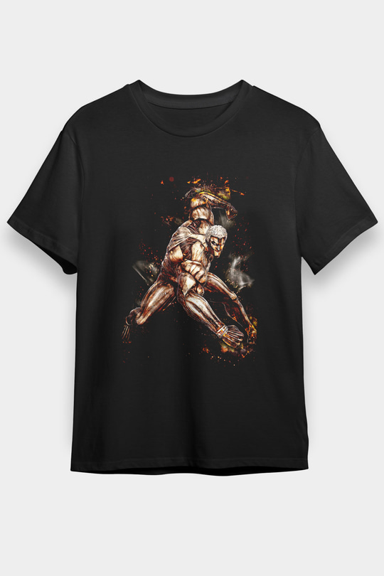 Attack On Titan Baskılı Unisex Siyah Tişört - Tshirt