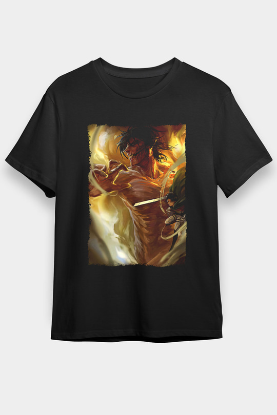Attack On Titan Baskılı Unisex Siyah Tişört - Tshirt