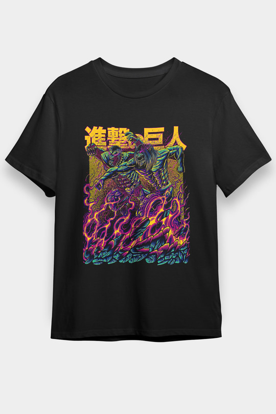 Attack On Titan Baskılı Unisex Siyah Tişört - Tshirt
