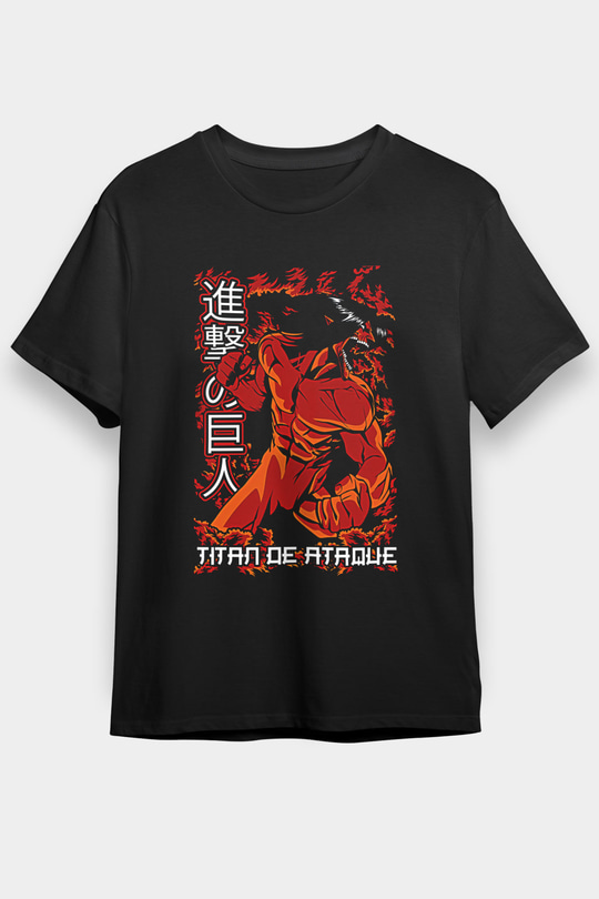Attack On Titan Baskılı Unisex Siyah Tişört - Tshirt