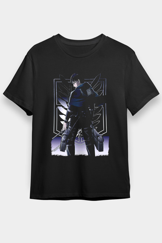 Attack On Titan Baskılı Unisex Siyah Tişört - Tshirt