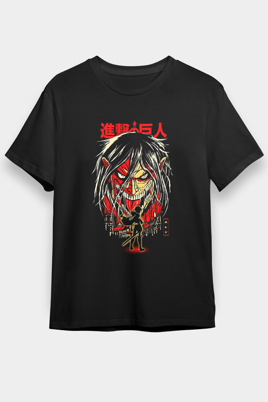 Attack On Titan Baskılı Unisex Siyah Tişört - Tshirt
