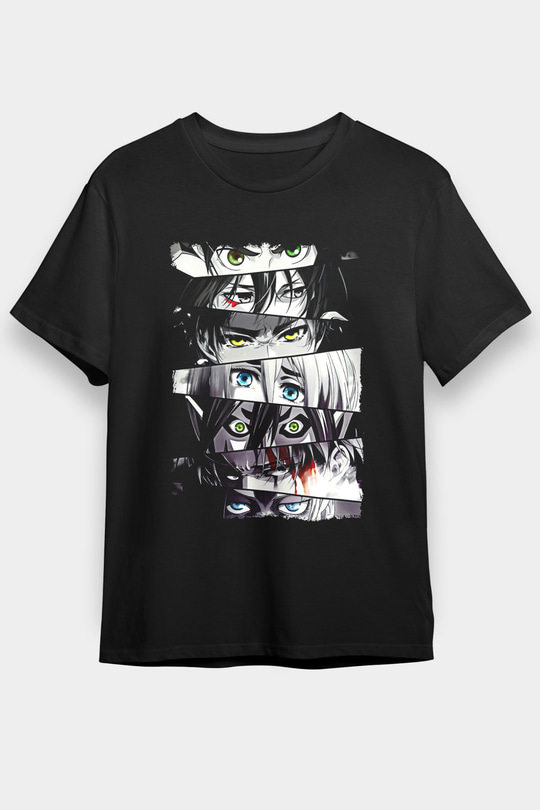 Attack On Titan Baskılı Unisex Siyah Tişört - Tshirt