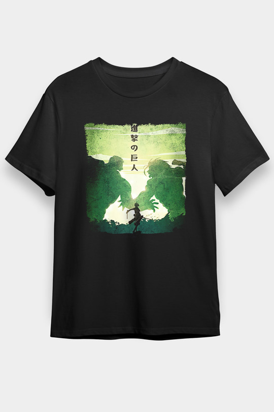 Attack On Titan Baskılı Unisex Siyah Tişört - Tshirt