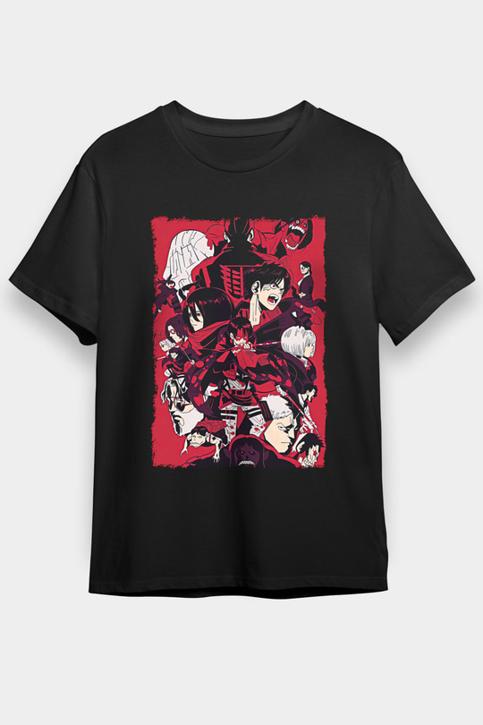 Attack On Titan Baskılı Unisex Siyah Tişört - Tshirt