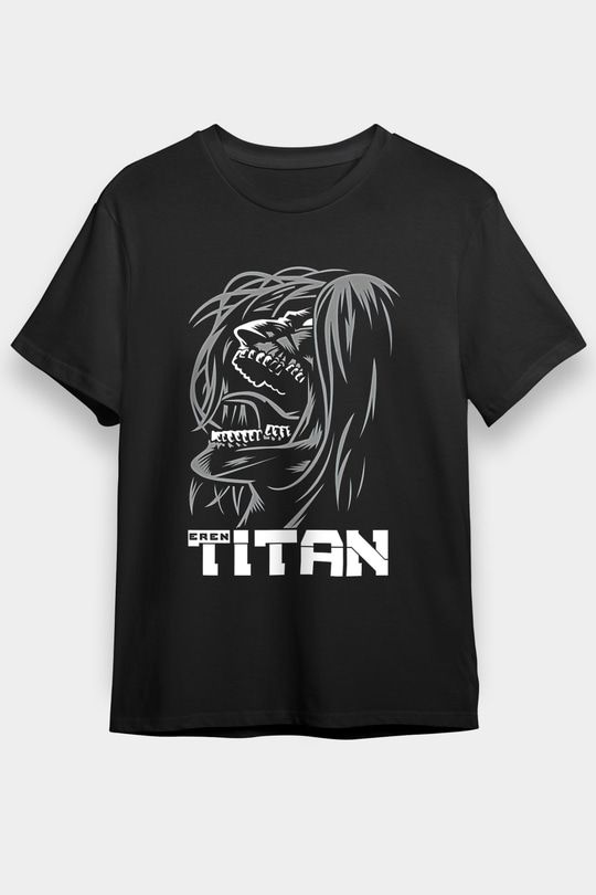Attack On Titan Baskılı Unisex Siyah Tişört - Tshirt
