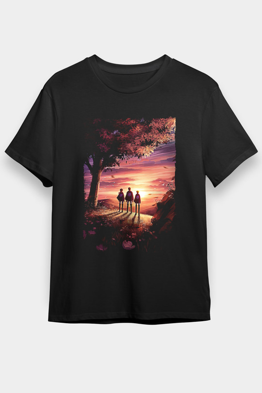 Attack On Titan Baskılı Unisex Siyah Tişört - Tshirt