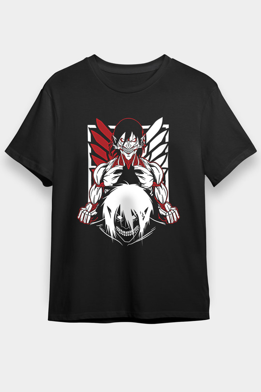 Attack On Titan Baskılı Unisex Siyah Tişört - Tshirt